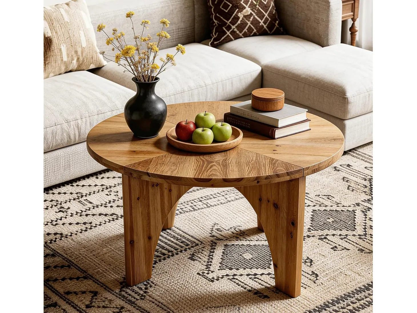 Mesa de Centro Redonda de Madeira Sólida de 80cm, Mesa de Centro Rustica com Pernas Curvas