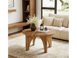 Mesa de Centro Redonda de Madeira Sólida de 80cm, Mesa de Centro Rustica com Pernas Curvas