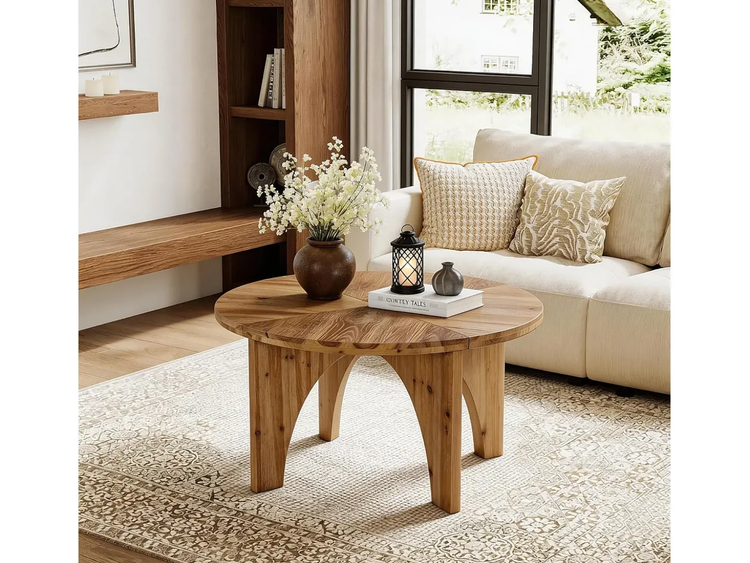 Mesa de Centro Redonda de Madeira Sólida de 80cm, Mesa de Centro Rustica com Pernas Curvas