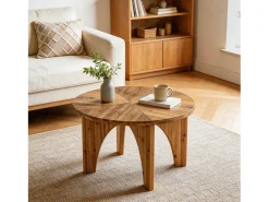 Mesa de Centro Redonda de Madeira Sólida de 80cm, Mesa de Centro Rustica com Pernas Curvas