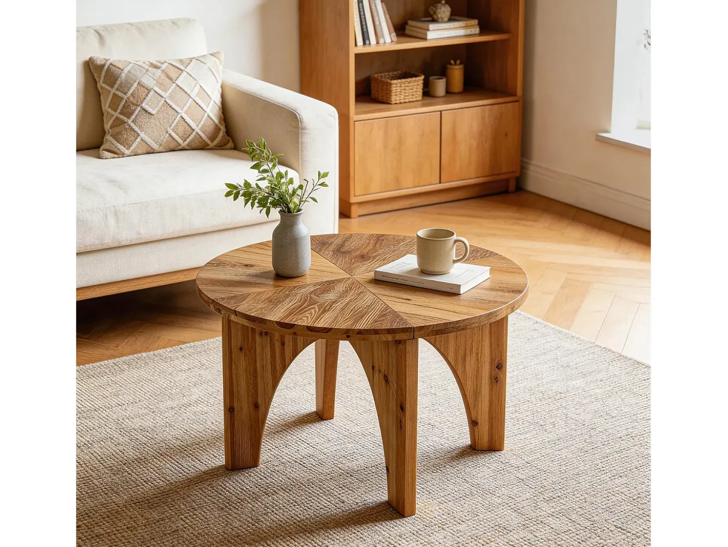Mesa de Centro Redonda de Madeira Sólida de 80cm, Mesa de Centro Rustica com Pernas Curvas