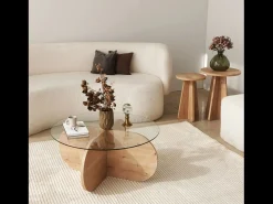 Mesa de centro redonda em madeira com tampo de vidro RIBE