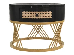 Mesa de centro redonda empilhável com gaveta - Padrão mármore preto - Pés em metal dourado