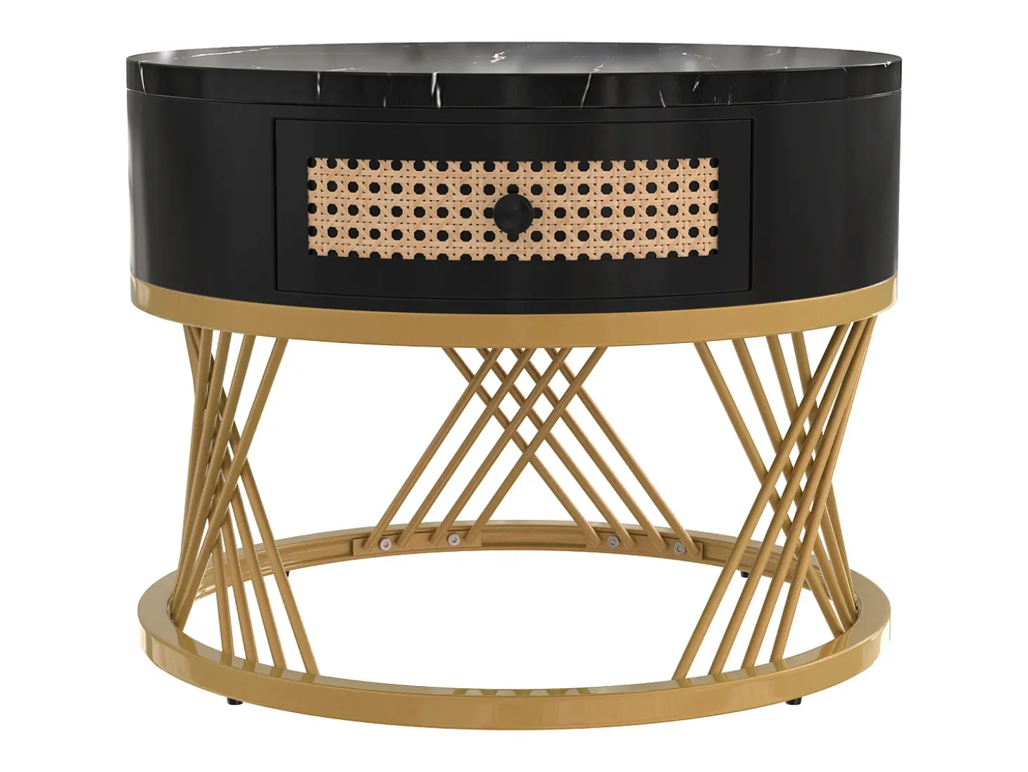 Mesa de centro redonda empilhável com gaveta - Padrão mármore preto - Pés em metal dourado
