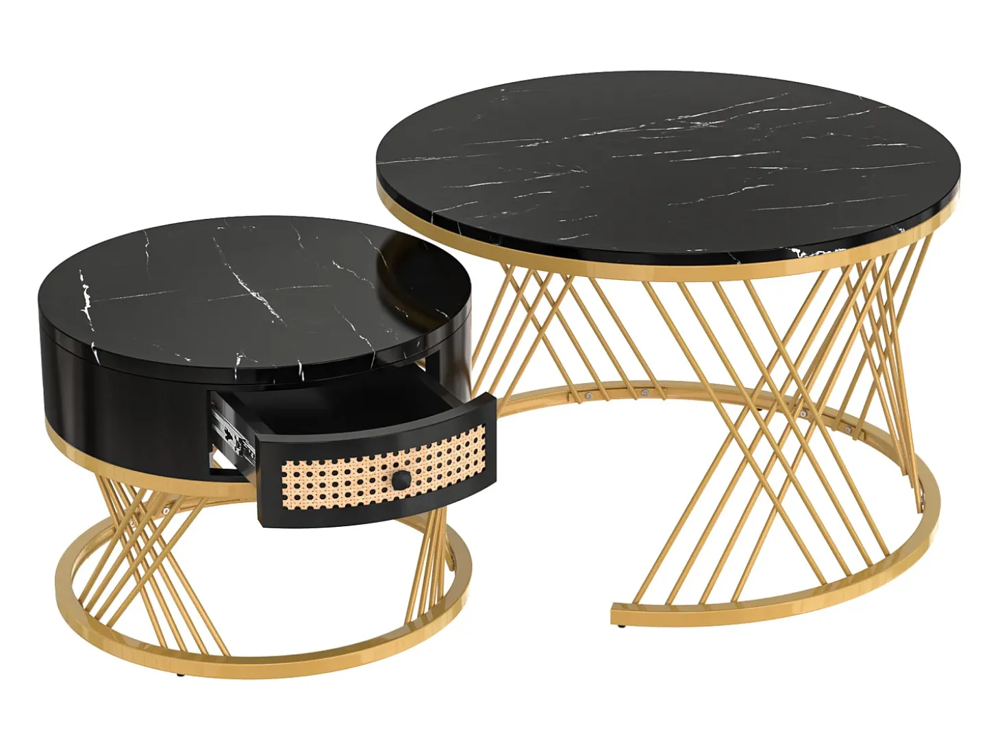 Mesa de centro redonda empilhável com gaveta - Padrão mármore preto - Pés em metal dourado