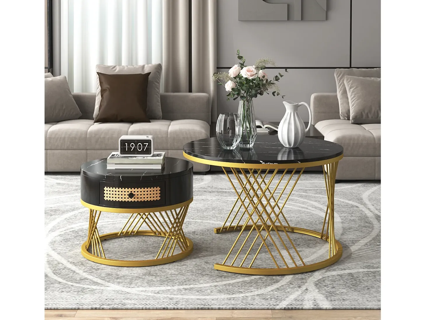 Mesa de centro redonda empilhável com gaveta - Padrão mármore preto - Pés em metal dourado