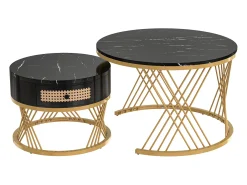 Mesa de centro redonda empilhável com gaveta - Padrão mármore preto - Pés em metal dourado