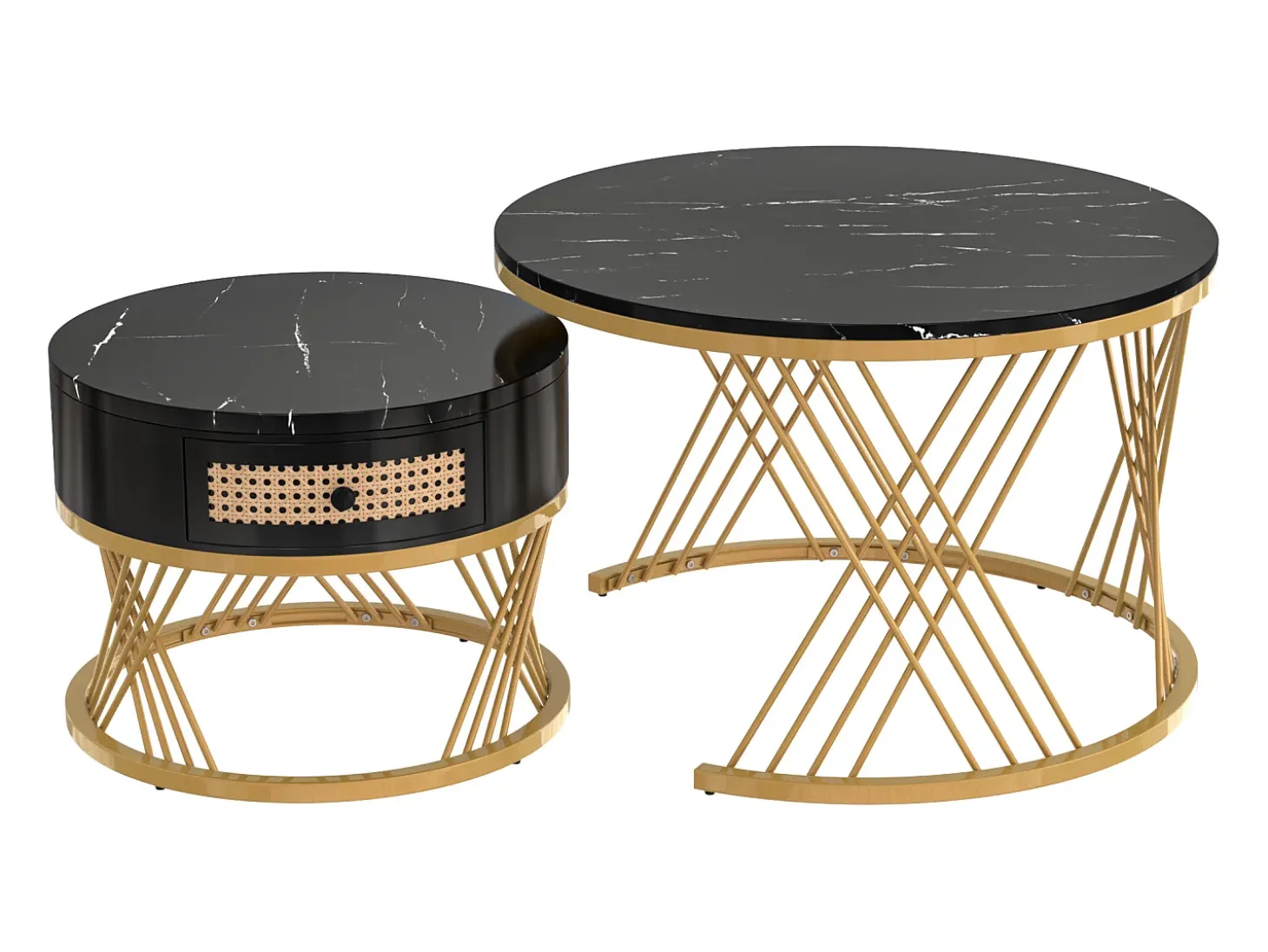 Mesa de centro redonda empilhável com gaveta - Padrão mármore preto - Pés em metal dourado