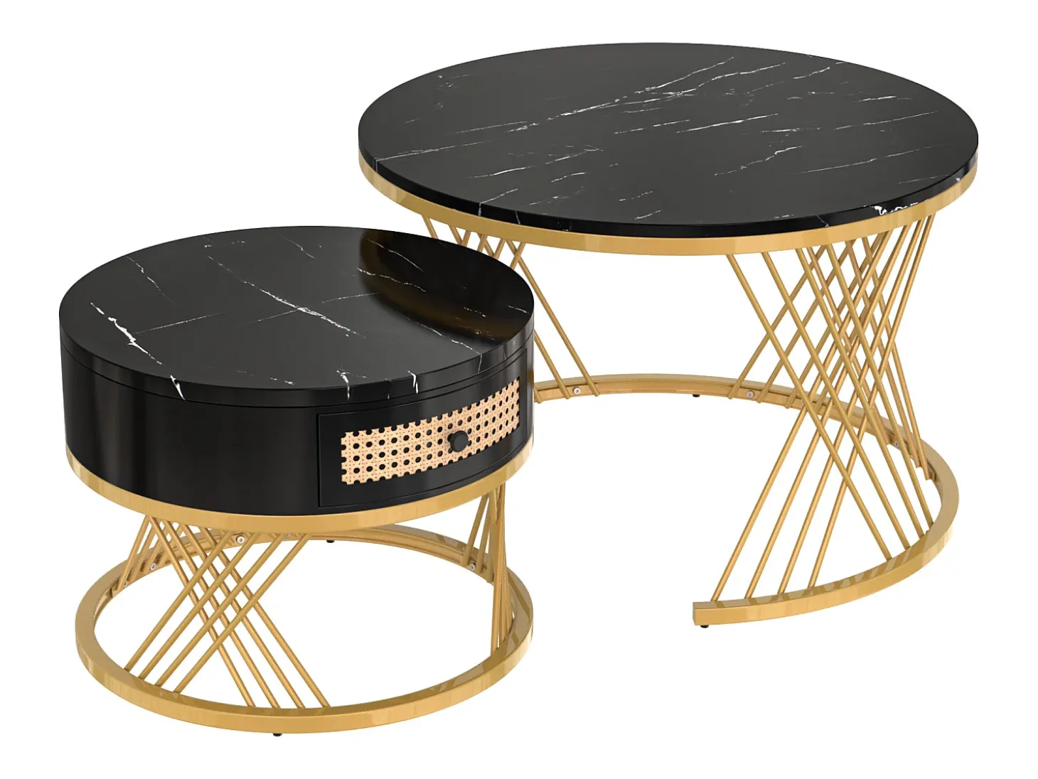 Mesa de centro redonda empilhável com gaveta - Padrão mármore preto - Pés em metal dourado