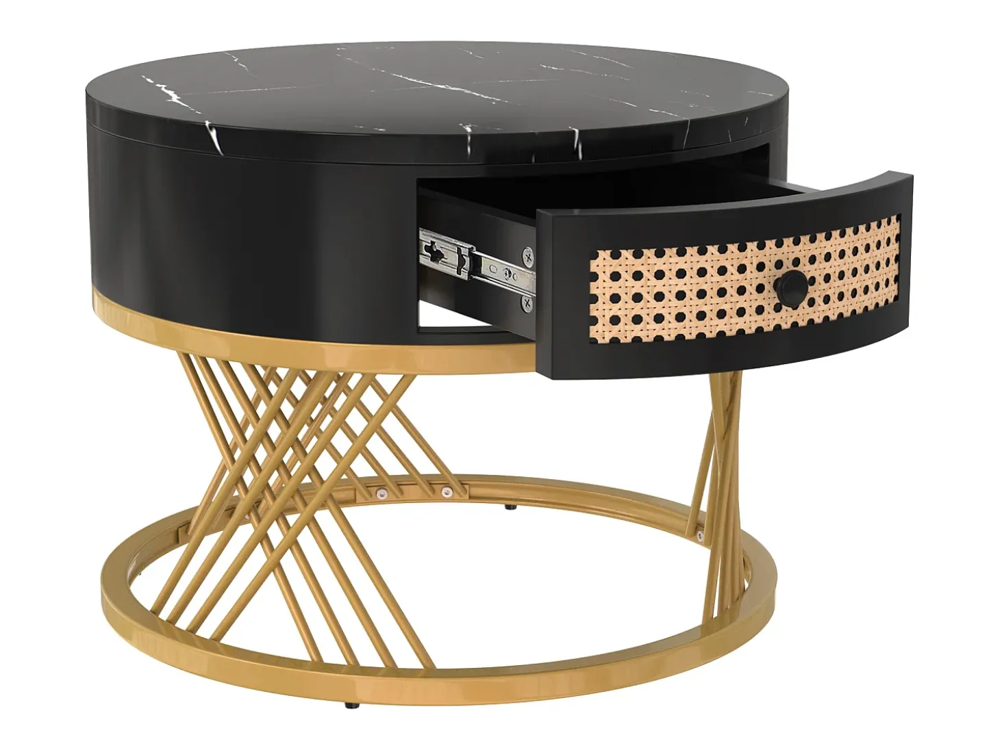 Mesa de centro redonda empilhável com gaveta - Padrão mármore preto - Pés em metal dourado