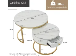 Mesa de centro redonda empilhável com gaveta - Padrão de mármore brilhante - Branco e dourado