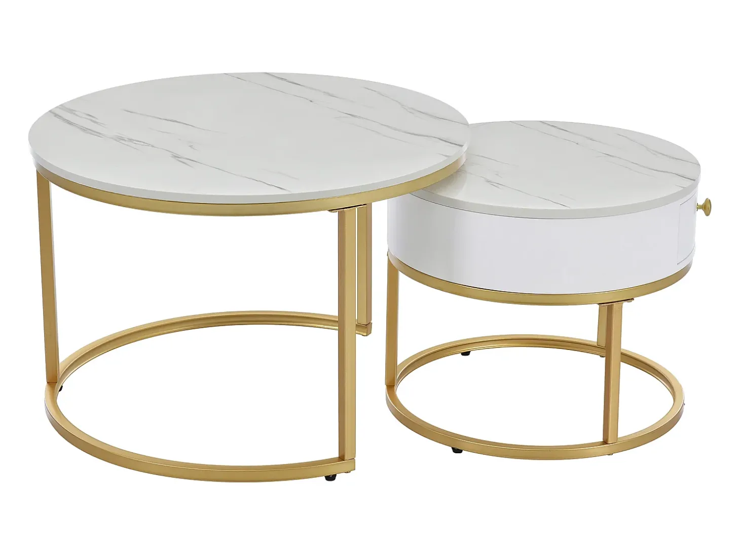 Mesa de centro redonda empilhável com gaveta - Padrão de mármore brilhante - Branco e dourado