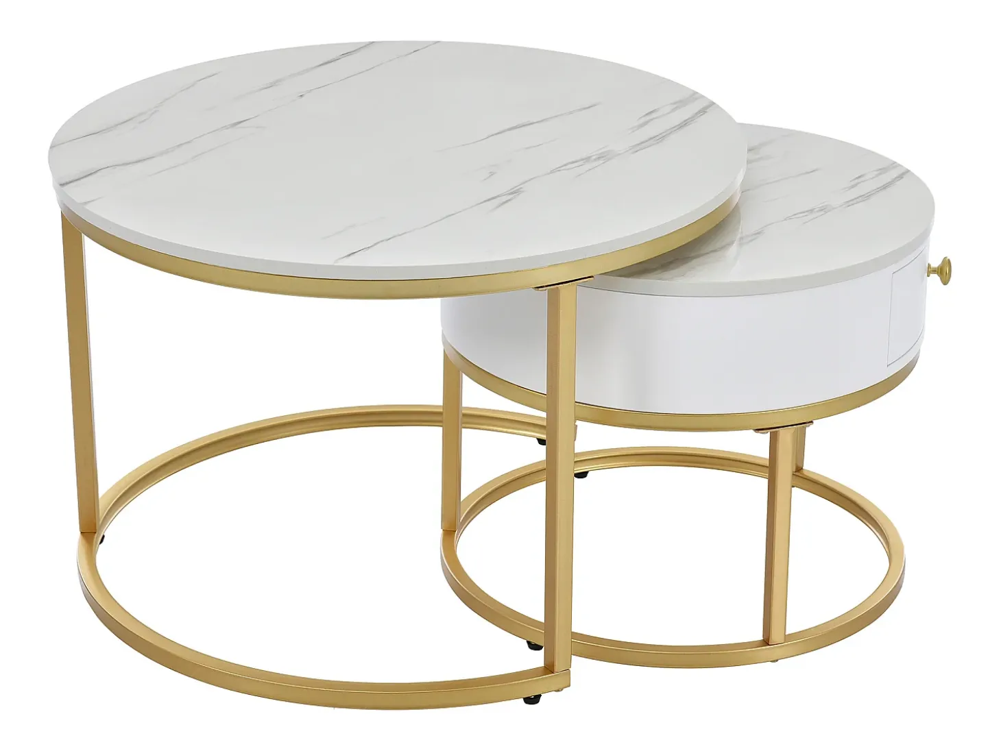 Mesa de centro redonda empilhável com gaveta - Padrão de mármore brilhante - Branco e dourado