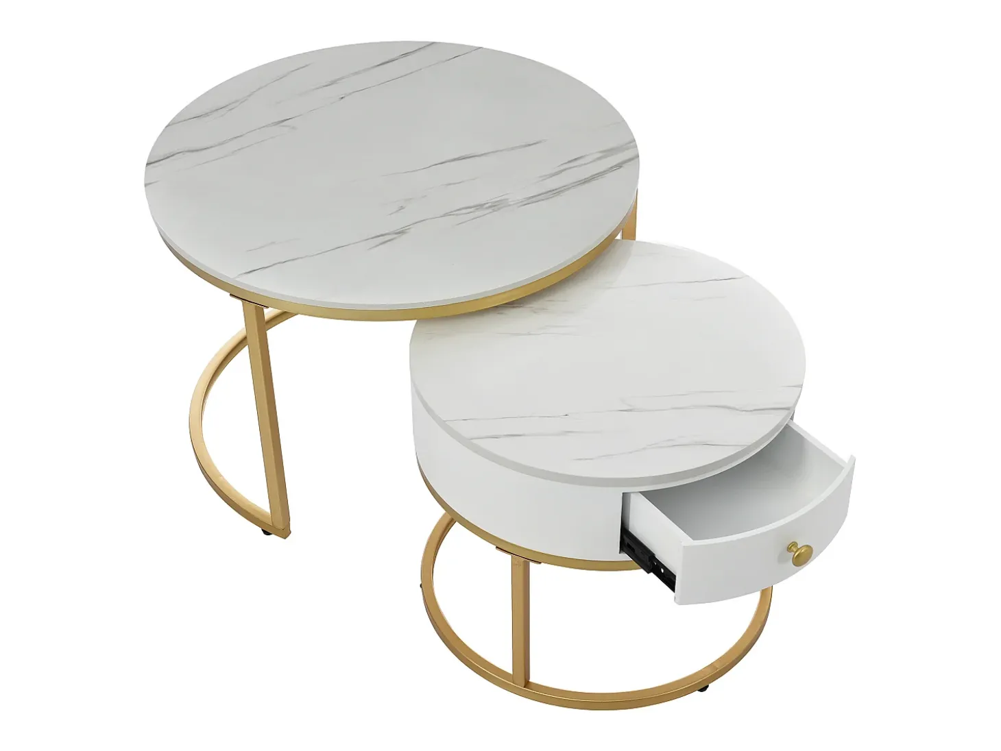 Mesa de centro redonda empilhável com gaveta - Padrão de mármore brilhante - Branco e dourado