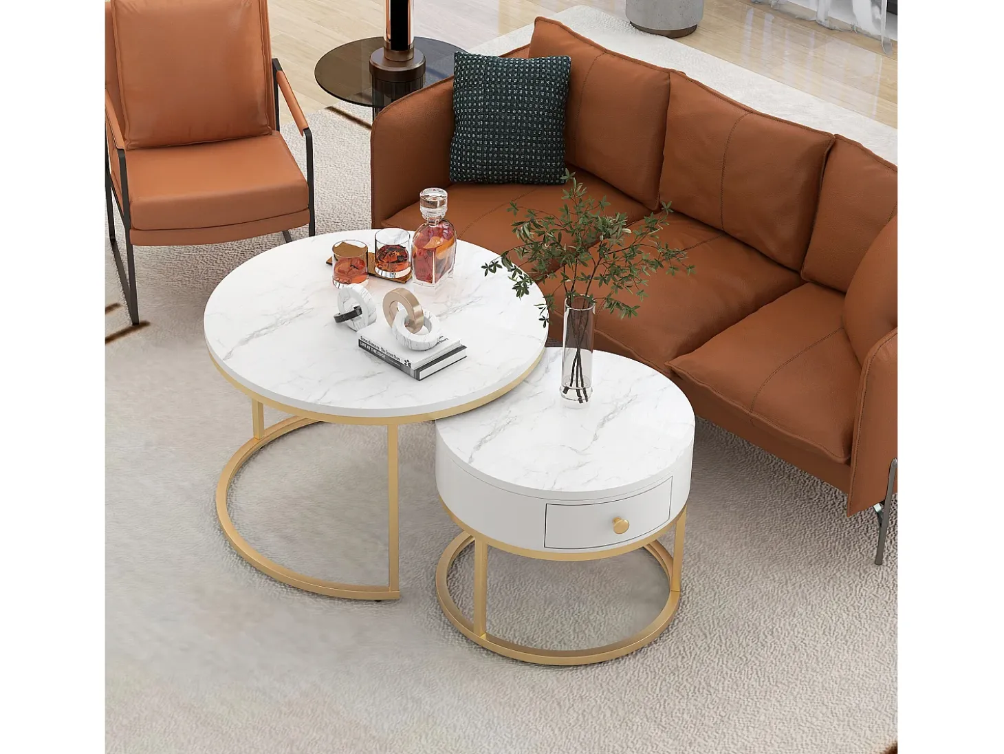 Mesa de centro redonda empilhável com gaveta - Padrão de mármore brilhante - Branco e dourado