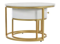 Mesa de centro redonda empilhável com gaveta - Padrão de mármore brilhante - Branco e dourado