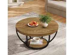 Mesa de Centro Redonda, Mesa de Centro Circular Industrial de 2 Andares com Prateleiras de Armazenamento