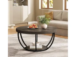 Mesa de centro redonda, mesa de centro industrial de 2 níveis com prateleiras de arrumação, centro moderno com detalhes em madeira, mesa de apoio para sala de estar, escritório em casa