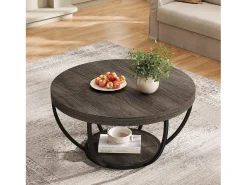 Mesa de centro redonda, mesa de centro industrial de 2 níveis com prateleiras de arrumação, centro moderno com detalhes em madeira, mesa de apoio para sala de estar, escritório em casa