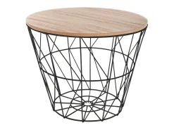 Mesa de centro redonda preta em metal e madeira de Paulownia, diâmetro 38 cm, altura 30,5 cm, design moderno
