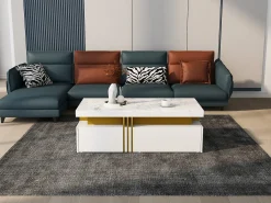 Mesa de centro retangular com 2 gavetas - 100x50x40 cm - aglomerado - tampo marmorizado, para sala - branco