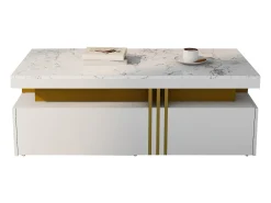 Mesa de centro retangular com 2 gavetas - 100x50x40 cm - aglomerado - tampo marmorizado, para sala - branco