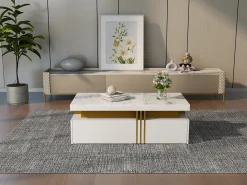 Mesa de centro retangular com 2 gavetas - 100x50x40 cm - aglomerado - tampo marmorizado, para sala - branco