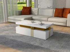Mesa de centro retangular com 2 gavetas - 100x50x40 cm - aglomerado - tampo marmorizado, para sala - branco