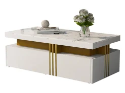 Mesa de centro retangular com 2 gavetas - 100x50x40 cm - aglomerado - tampo marmorizado, para sala - branco