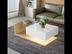 Mesa de centro retangular 105x55x32,5cm com gaveta, corpo em madeira branca e clara, tampo de vidro