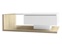 Mesa de centro retangular 105x55x32,5cm com gaveta, corpo em madeira branca e clara, tampo de vidro