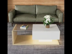 Mesa de centro retangular 105x55x32,5cm com gaveta, corpo em madeira branca e clara, tampo de vidro