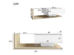 Mesa de centro retangular 105x55x32,5cm com gaveta, corpo em madeira branca e clara, tampo de vidro