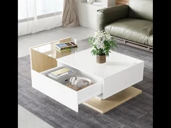 Mesa de centro retangular 105x55x32,5cm com gaveta, corpo em madeira branca e clara, tampo de vidro