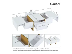 Mesa de centro retangular com 2 gavetas e 2 compartimentos ocultos, branca e dourada