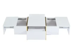 Mesa de centro retangular com 2 gavetas e 2 compartimentos ocultos, branca e dourada