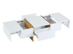 Mesa de centro retangular com 2 gavetas e 2 compartimentos ocultos, branca e dourada
