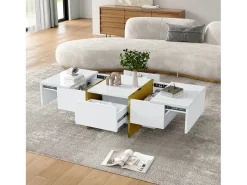 Mesa de centro retangular com 2 gavetas e 2 compartimentos ocultos, branca e dourada