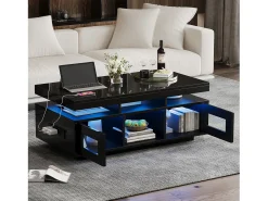 Mesa de centro retangular 100x50x43cm com 2 portas e nicho, LED, portas USB e tomada incluídas, corpo em laca preta brilhante