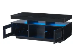 Mesa de centro retangular 100x50x43cm com 2 portas e nicho, LED, portas USB e tomada incluídas, corpo em laca preta brilhante