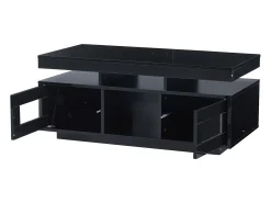 Mesa de centro retangular 100x50x43cm com 2 portas e nicho, LED, portas USB e tomada incluídas, corpo em laca preta brilhante