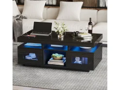 Mesa de centro retangular 100x50x43cm com 2 portas e nicho, LED, portas USB e tomada incluídas, corpo em laca preta brilhante