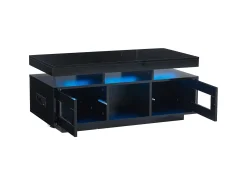 Mesa de centro retangular 100x50x43cm com 2 portas e nicho, LED, portas USB e tomada incluídas, corpo em laca preta brilhante