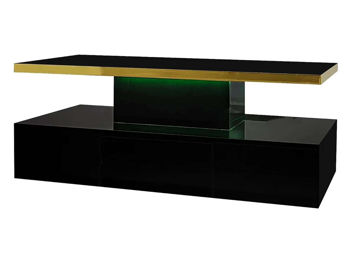 Mesa de centro retangular 100x50x38,5cm com 1 gaveta e LED, Tampo duplo, corpo em preto brilhante