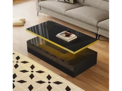 Mesa de centro retangular 100x50x38,5cm com 1 gaveta e LED, Tampo duplo, corpo em preto brilhante