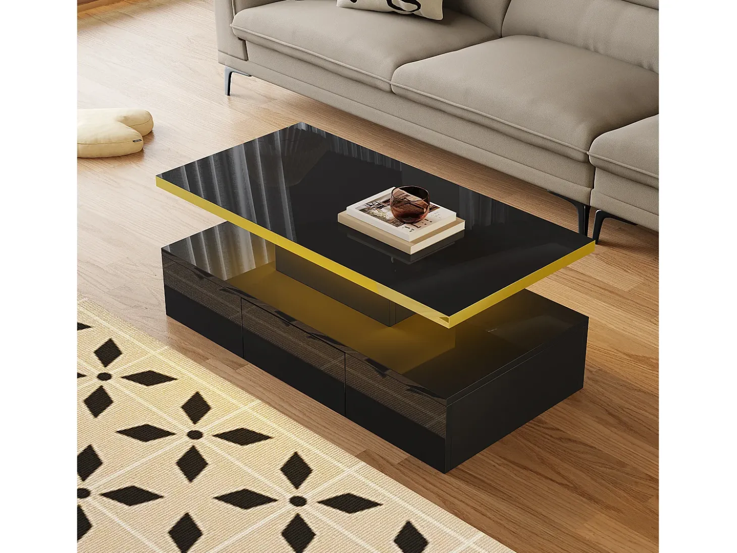 Mesa de centro retangular 100x50x38,5cm com 1 gaveta e LED, Tampo duplo, corpo em preto brilhante
