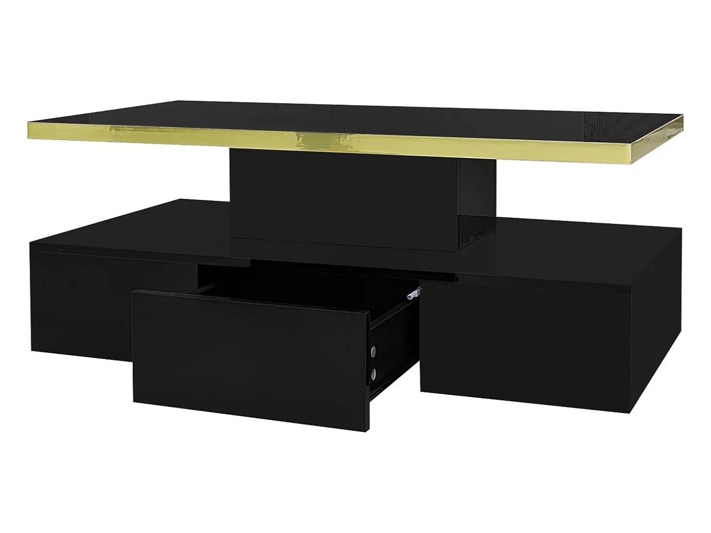 Mesa de centro retangular 100x50x38,5cm com 1 gaveta e LED, Tampo duplo, corpo em preto brilhante