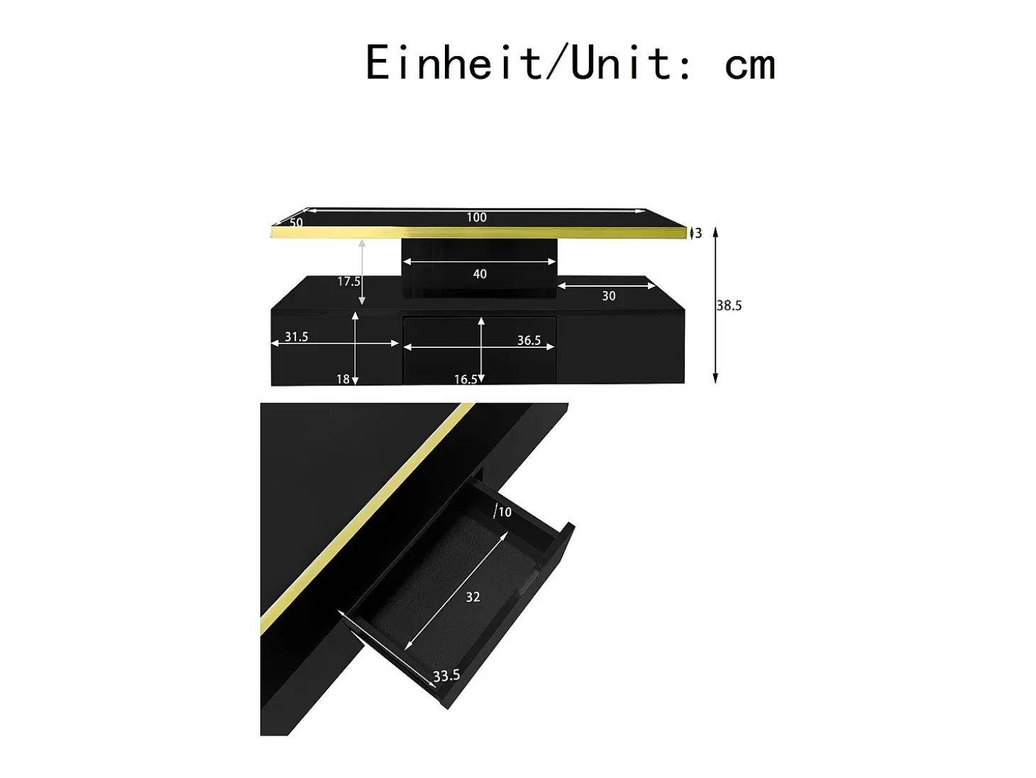 Mesa de centro retangular 100x50x38,5cm com 1 gaveta e LED, Tampo duplo, corpo em preto brilhante