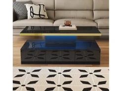 Mesa de centro retangular 100x50x38,5cm com 1 gaveta e LED, Tampo duplo, corpo em preto brilhante