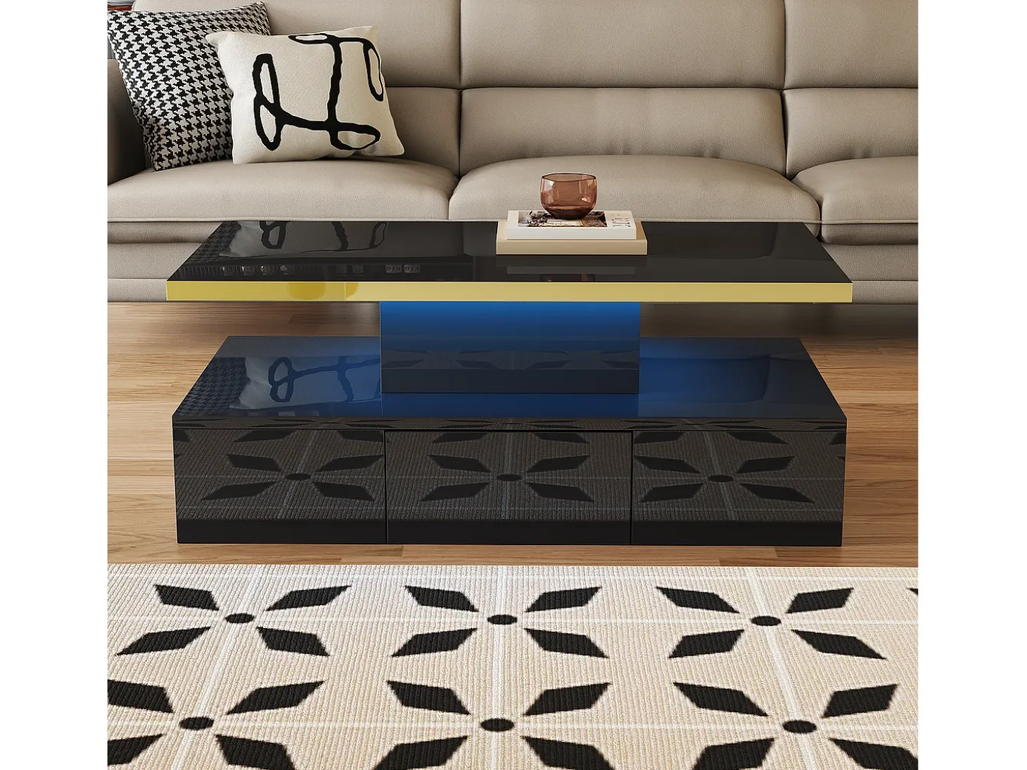 Mesa de centro retangular 100x50x38,5cm com 1 gaveta e LED, Tampo duplo, corpo em preto brilhante